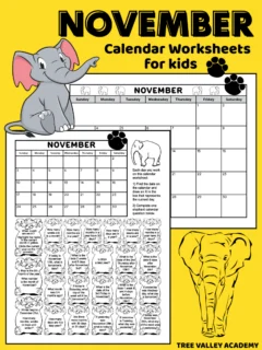 November calendar worksheets for kids. There's a full page black and white blank November calendar with an elephant theme. There is also a black and white elephant themed calendar worksheet. The calendar worksheet has a small November calendar and images of 24 elephants with a calendar question written in each.