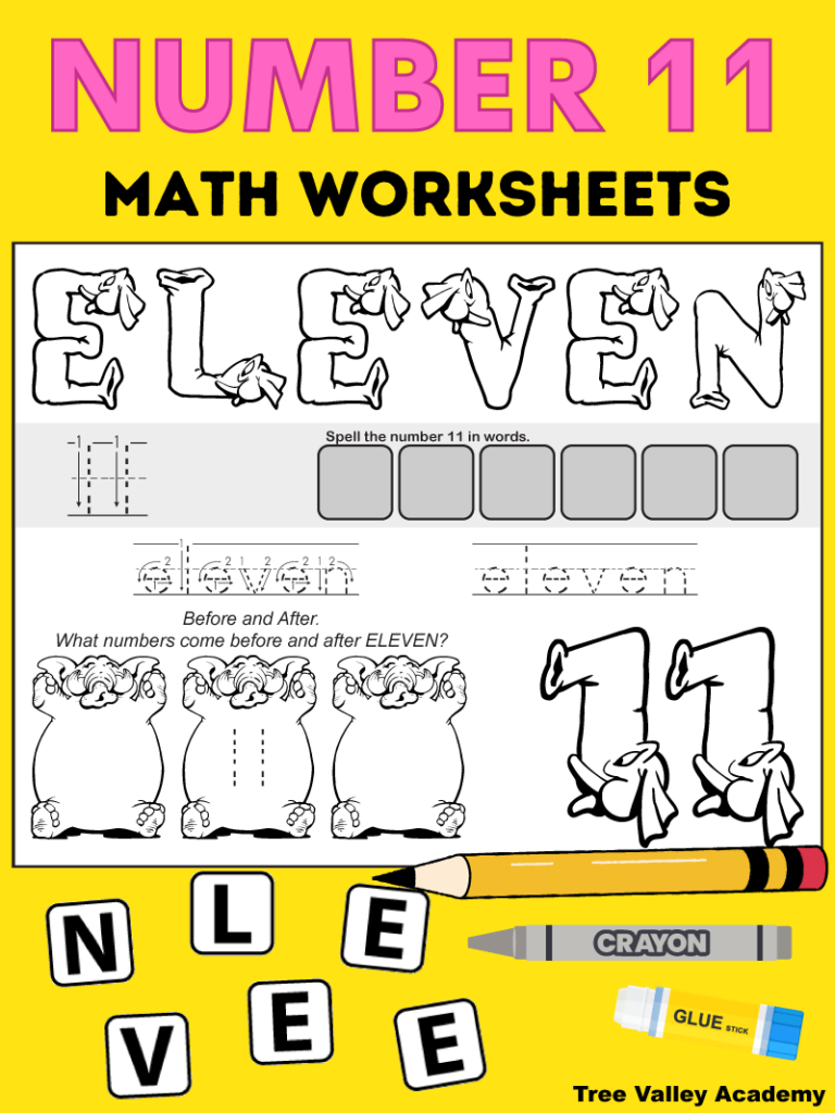 Number 11 Math Worksheets. A printable black and white math worksheet for kids. The number word eleven and the number 11 in digits are written with elephant shaped letters and numbers that kids can color. There is a before and after 11 section, a place for children to trace the number and the word eleven. And jumbled letters that spell the word eleven can be cut out and glued into spaces provided.