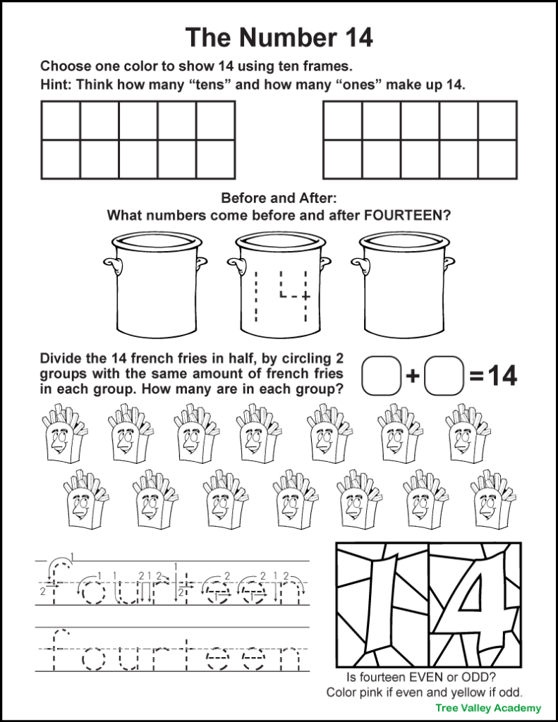 A black and white printable number 14 worksheet. The 1st grade math worksheet requires minimal writing. Kids will color, trace, and circle groups. The 14 worksheet has a spot with ten frames, tracing the number word fourteen, an odd or even and before and after section. It also has a question that asks kids to divide 14 french fries in half by circling 2 groups with the same amount of french fries in each group. Then kids will count the fries in each group and write an addition question that equals 14.