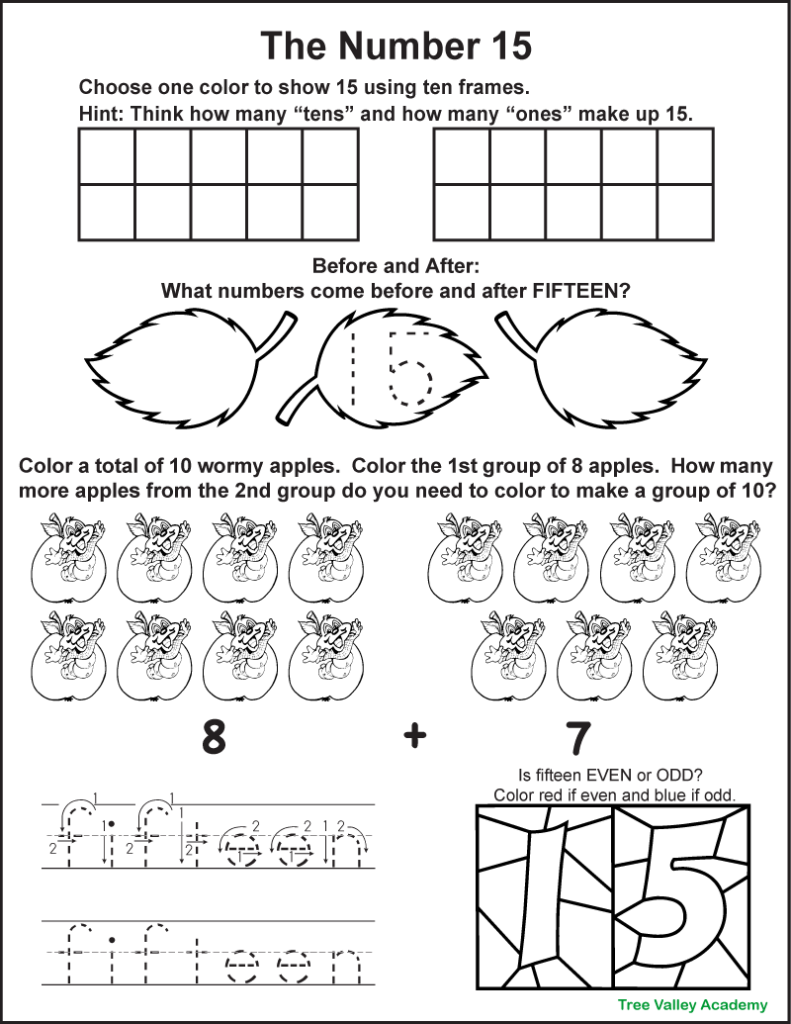 A black and white printable number 15 worksheet. In this 1st grade math worksheet, kids will color ten frames to show how many tens and ones make up 15. They will also trace the number 15 in digits and words. There's a before and after section, and another section for kids to color a number 15 red if the number is even and blue if it's odd. Another math question shows a group of 8 apples with worms plus another group of 7. Kids will color a total of 10 wormy apples, the first group of 8 plus however many they will need to color in the group of 7 to make a total of 10.