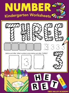 Number 3 kindergarten worksheets with a candy theme. Showing a black and white printable number 3 worksheet. The shape of the number 3 in digits and the letters of the number word three is made from liquorice that kids can color. There are 5 blank spots for kids to find and glue the correct letters that spell three. There are 5 spots for kids to practice tracing the number 3. And kids will be asked the numbers that come before and after 3.