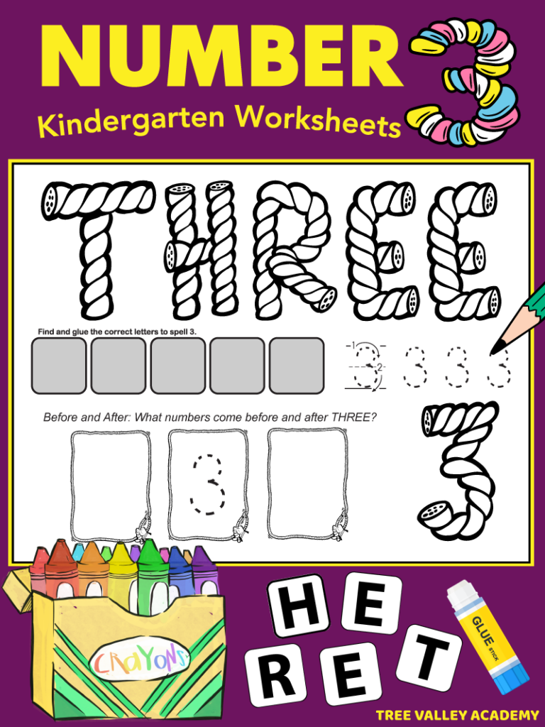 Number 3 kindergarten worksheets with a candy theme. Showing a black and white printable number 3 worksheet. The shape of the number 3 in digits and the letters of the number word three is made from liquorice that kids can color. There are 5 blank spots for kids to find and glue the correct letters that spell three. There are 5 spots for kids to practice tracing the number 3. And kids will be asked the numbers that come before and after 3.