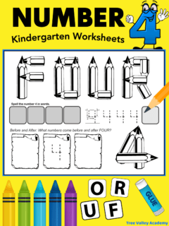 Black and white printable number 4 kindergarten worksheets. In the worksheet shown, the shape of the number 4 in digits and the letters of the number word four is formed with pencils. It's meant for kids to color. There are 4 blank spots for kids to find and glue the correct letters that spell four. There are 5 spots for preschoolers to practice tracing the number 4. And kids will be asked the numbers that come before and after 4.