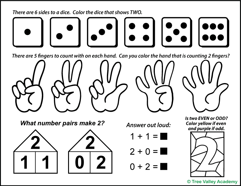 A black and white printable number 2 worksheet for preschoolers. There are images of 6 dice and kids need to color the dice showing 2. There are also 5 hands, each showing a different amount of fingers. Children will be asked to color the hand that shows 2 fingers. There's a number 2 image for kids to color yellow if even and purple if odd. There's also a visual aid showing the number pairs that make 2. Then kids will practice by answering out loud addition questions that equal 2.