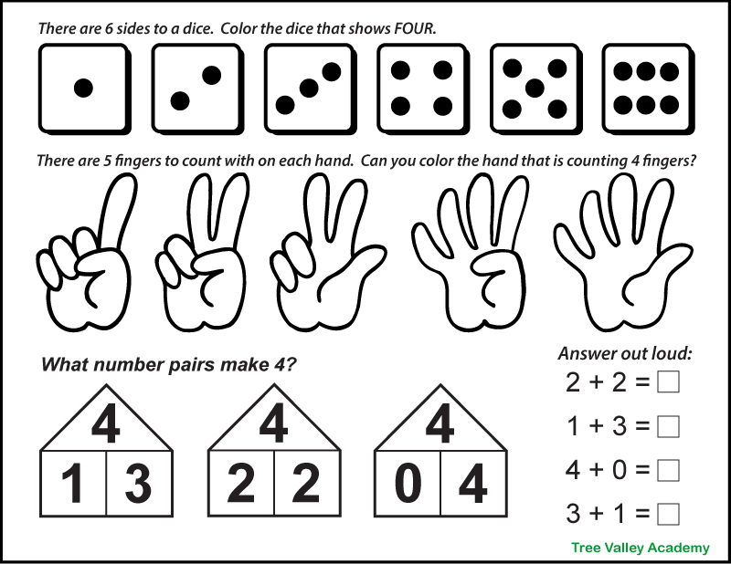 A black and white printable number 4 worksheet for preschoolers. There are images of 6 dice and kids need to color the die showing 4. There are also 5 hands, each showing a different amount of fingers. Children will be asked to color the hand that shows 4 fingers. There's a visual aid showing the number pairs that make 4. Then children will practice verbally the answers to addition questions that equal 4.