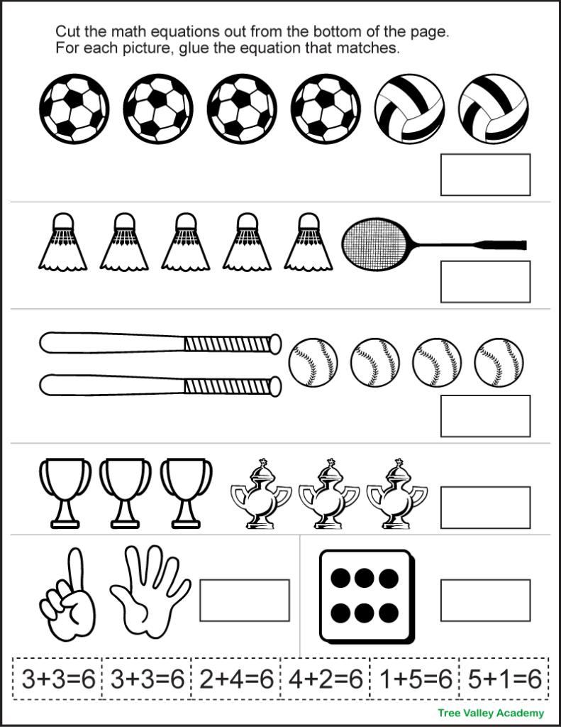 Black and white printable number bonds of 6 addition worksheet for kids. The sports-themed worksheet has images of soccer balls, volleyballs, badminton racquets, birdies, bats, balls, trophies, etc. At the bottom, there are 6 addition equations to cut out. Each has a sum of 6. Kids need to paste each equation to the picture that matches.