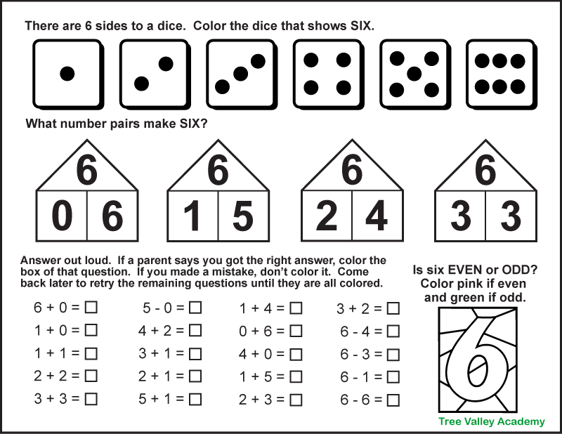 Black and white printable number bonds to 6 coloring worksheet. There are images of 6 dice; children are asked to color the dice that show six. Then there's a section that shows kids the number pairs that make 6. Children are asked to color an image of the number 6 pink if even and green if odd. And 20 adding or subtracting questions will help kids practice the number bonds to 6. Children are asked to color the box of each question if they got the correct answer and to return later to retry the remaining questions until they are all colored.