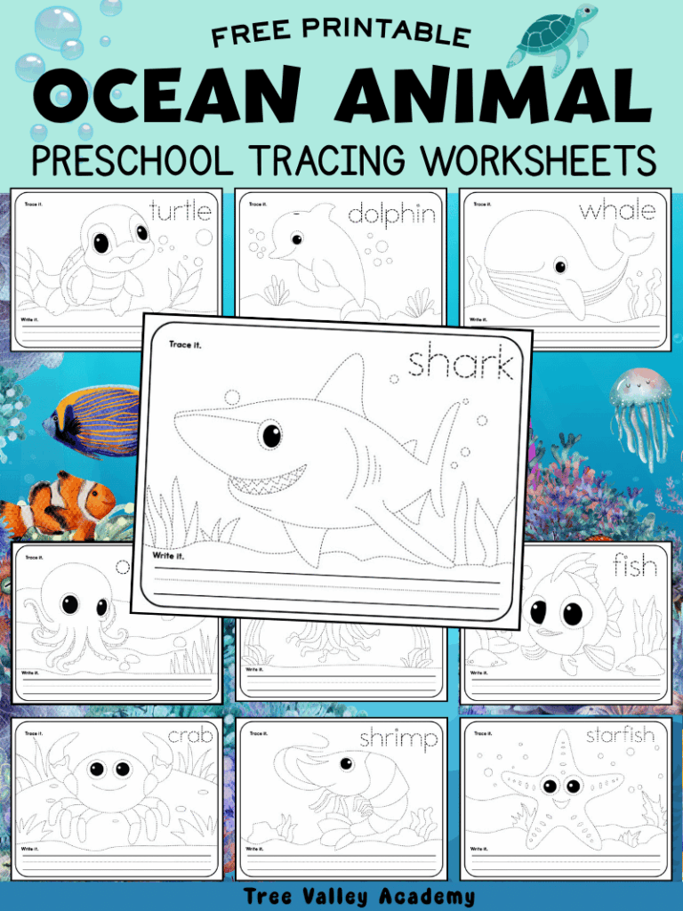 Free printable ocean animal tracing worksheets with a shark, turtle, dolphin, whale, fish, octopus, crab, shrimp, jellyfish, and starfish for preschool and kindergarten children.