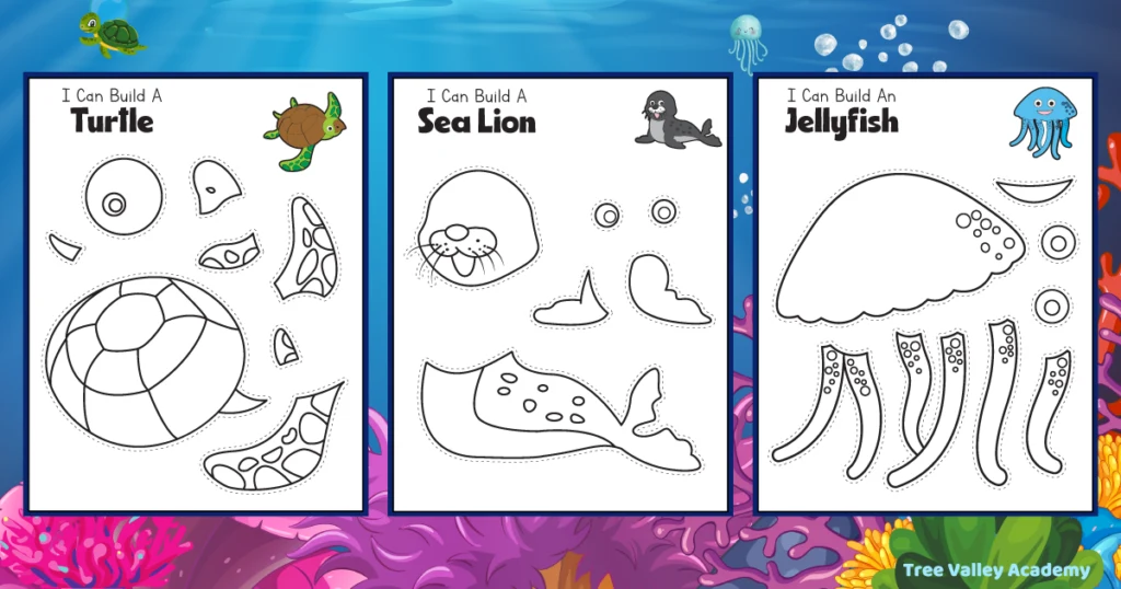 Ocean animal coloring pages: a turtle, sea lion, and jellyfish coloring page. Each sea animal is broken up into 6 to 8 isolated parts. At the top right of each page is a small full-color image of the fully assembled aquatic animal as a reference.