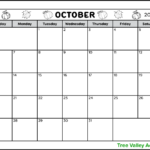 A full page black and white blank printable calendar for the month of October 2024. The header is decorated with pumpkins and leaves that can be coloured if desired. There is a space near the bottom for writing notes.