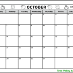 A full page black and white blank printable calendar for the month of October 2024. The header is decorated with pumpkins and leaves that can be coloured if desired. There is a space near the bottom for writing notes.