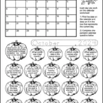 A pumpkin themed black and white calendar worksheet for the month of October 2024. Each of the 20 calendar questions are in a pumpkin that can be coloured by kids when answered.