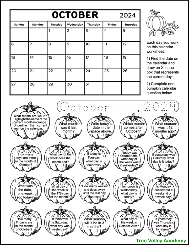 A pumpkin themed black and white calendar worksheet for the month of October 2024. Each of the 20 calendar questions are in a pumpkin that can be coloured by kids when answered.