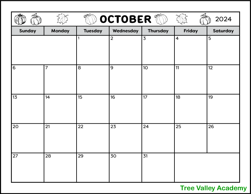 A full page black and white blank printable calendar for the month of October 2024. The header is decorated with pumpkins and leaves that can be coloured if desired. There is a space near the bottom for writing notes.