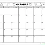 A full page black and white blank printable October 2025 calendar. The header is decorated with pumpkins and leaves that can be colored. There is a space at the top for writing notes.
