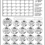 A free printable October 2025 calendar worksheet for students in early elementary. The black and white pumpkin-themed coloring worksheet has 20 pumpkins to color as kids answer each calendar question.