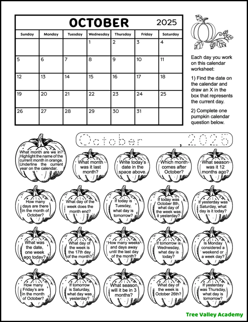 A free printable October 2025 calendar worksheet for students in early elementary. The black and white pumpkin-themed coloring worksheet has 20 pumpkins to color as kids answer each calendar question.