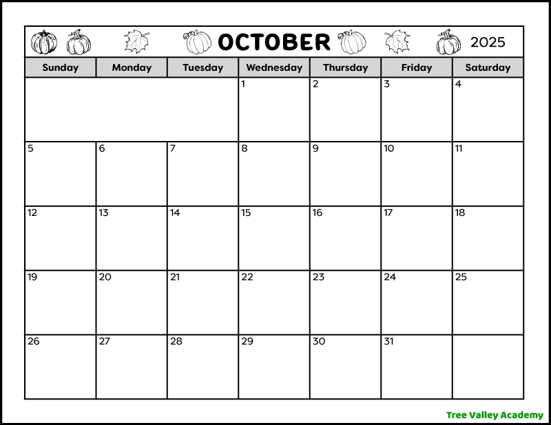 A full page black and white blank printable October 2025 calendar. The header is decorated with pumpkins and leaves that can be colored. There is a space at the top for writing notes.