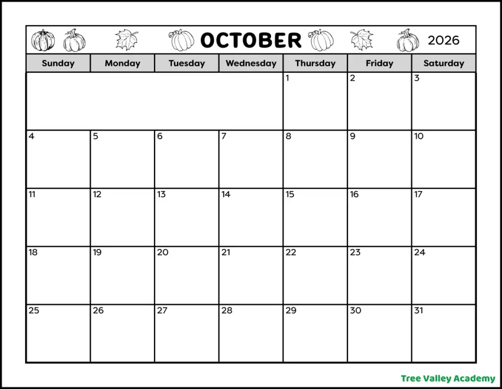 A full page black and white blank printable October 2026 calendar. The header is decorated with pumpkins and leaves that can be colored. There is a space at the top for writing notes.