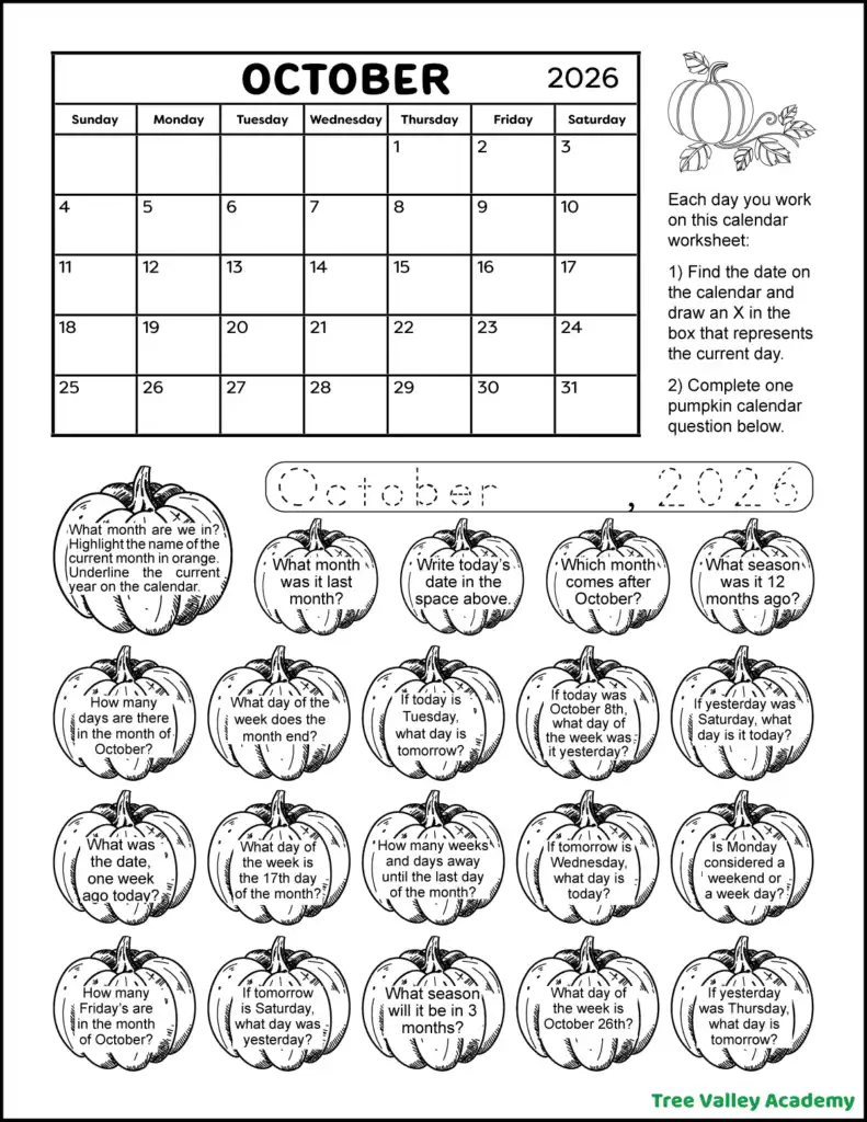 A free printable October 2026 calendar worksheet for students in early elementary. The black and white pumpkin-themed coloring worksheet has 20 pumpkins to color as kids answer each calendar question.