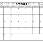 A full page black and white blank printable calendar for the month of October 2023. The header is decorated with pumpkins and leaves that can be coloured if desired. There is a space near the bottom for writing notes.