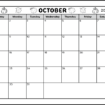 A full page black and white blank printable calendar for the month of October 2023. The header is decorated with pumpkins and leaves that can be coloured if desired. There is a space near the bottom for writing notes.