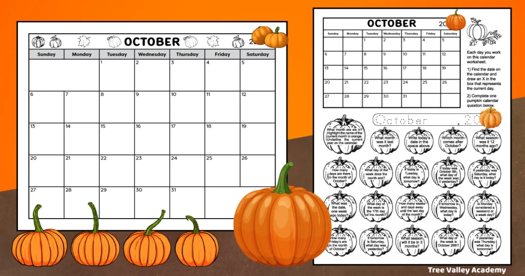 A full page monthly calendar and a pumpkin themed calendar worksheet for the month of October 2025. The October calendar worksheet has 20 pumpkin images with a calendar question inside each pumpkin. Kids can color each pumpkin after answering its question. Both free printables are black and white for economic printing.