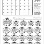 A pumpkin themed black and white calendar worksheet for the month of October 2022. Each of the 20 calendar questions are in a pumpkin that can be coloured by kids when answered.