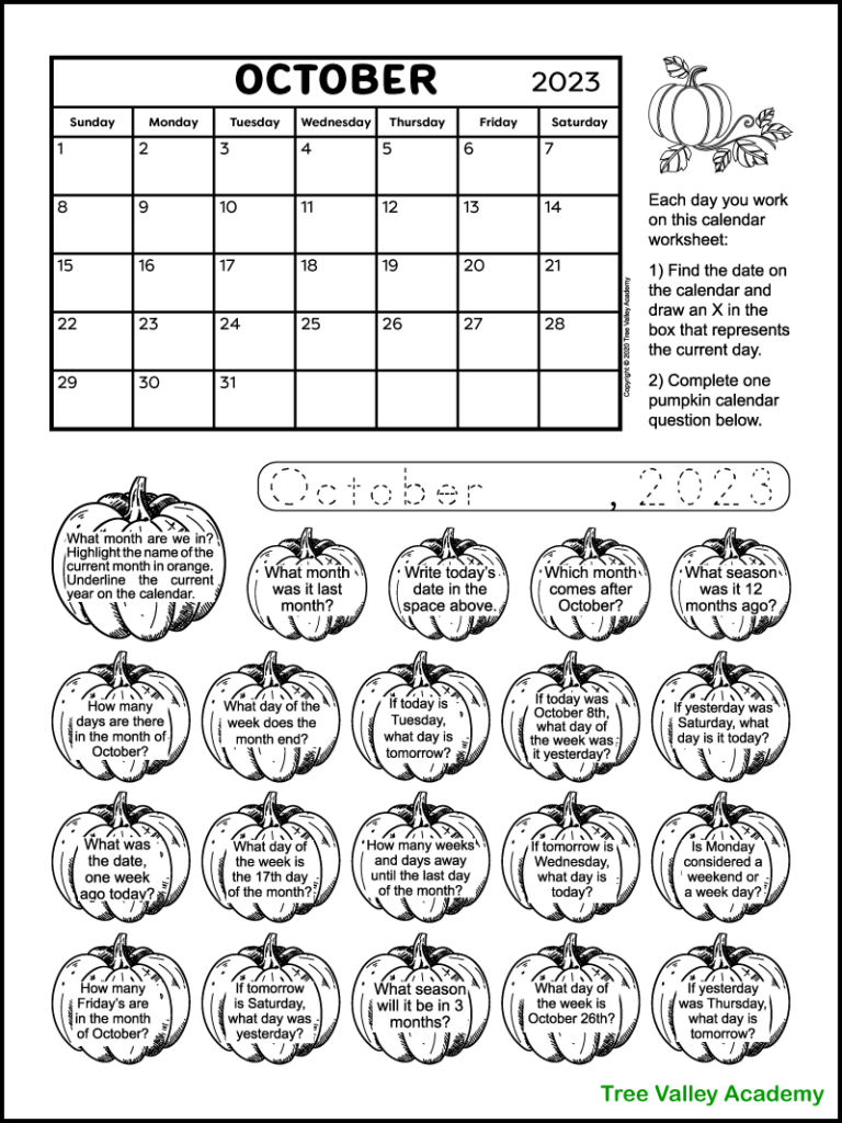A pumpkin themed black and white calendar worksheet for the month of October 2022. Each of the 20 calendar questions are in a pumpkin that can be coloured by kids when answered.