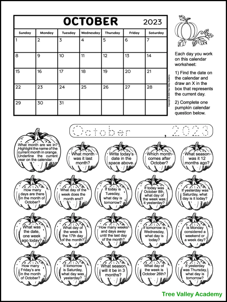 A pumpkin themed black and white calendar worksheet for the month of October 2022. Each of the 20 calendar questions are in a pumpkin that can be coloured by kids when answered.