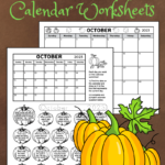 October Calendar Worksheets. A black and white full page blank October 2023 calendar and a October calendar worksheet page. Both pages have a pumpkin theme.