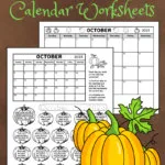 October Calendar Worksheets. A black and white full page blank October 2023 calendar and a October calendar worksheet page. Both pages have a pumpkin theme.