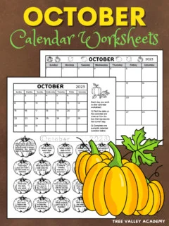 October Calendar Worksheets. A black and white full page blank October 2023 calendar and a October calendar worksheet page. Both pages have a pumpkin theme.