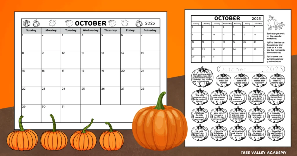 A full page monthly calendar and a pumpkin themed calendar worksheet for the month of October 2023. The October calendar worksheet has 20 pumpkin images with a calendar question inside each pumpkin. Kids can color each pumpkin after answering its question. Both free printables are black and white for economic printing.