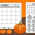 A full page monthly calendar and a pumpkin themed calendar worksheet for the month of October 2023. The October calendar worksheet has 20 pumpkin images with a calendar question inside each pumpkin. Kids can color each pumpkin after answering its question. Both free printables are black and white for economic printing.