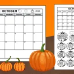 A full page monthly calendar and a pumpkin themed calendar worksheet for the month of October 2023. The October calendar worksheet has 20 pumpkin images with a calendar question inside each pumpkin. Kids can color each pumpkin after answering its question. Both free printables are black and white for economic printing.