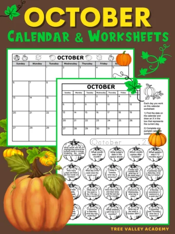 A printable pumpkin themed October calendar and 1st & 2nd grade October calendar worksheets to help kids learn how to read the calendar.