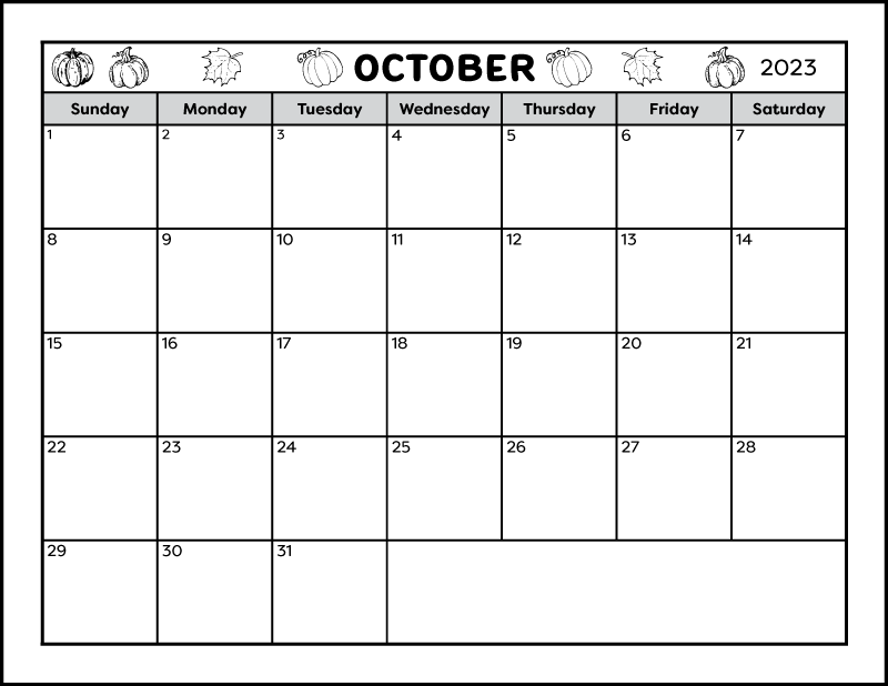 A full page black and white blank printable calendar for the month of October 2023. The header is decorated with pumpkins and leaves that can be coloured if desired. There is a space near the bottom for writing notes.