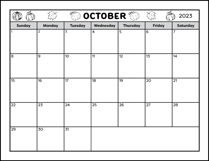 A full page black and white blank printable calendar for the month of October 2023. The header is decorated with pumpkins and leaves that can be coloured if desired. There is a space near the bottom for writing notes.