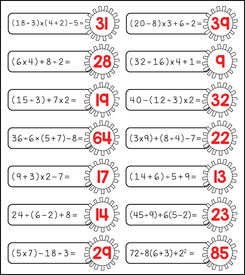 Answer key for order of operations worksheet showing solved multi-step math equations