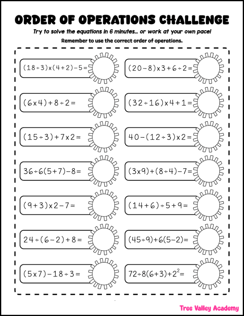 Order of operations challenge worksheet with multi-step equations for kids to solve