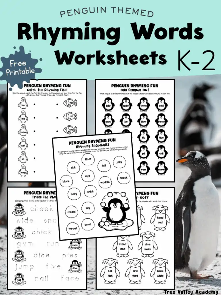 Penguin themed rhyming words worksheets for kindergarten through 2nd grade shown as a 5-page printable pack