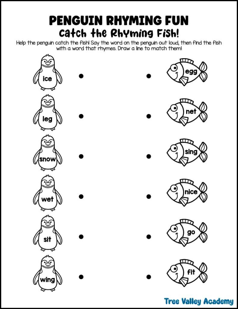 Penguin themed rhyming words worksheet for kindergarten where children match penguins to rhyming fish