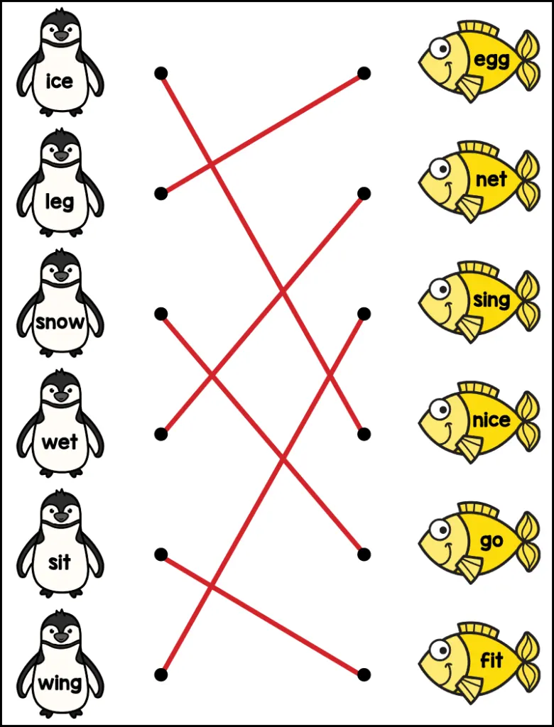 Answer key for penguin rhyming fish worksheet showing correct rhyming matches.