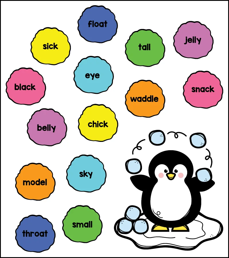 Answer key for penguin rhyming snowballs worksheet with matching rhyming words colored
