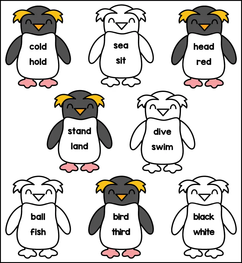 Answer key for penguin rhyme or not worksheet showing which word pairs rhyme.