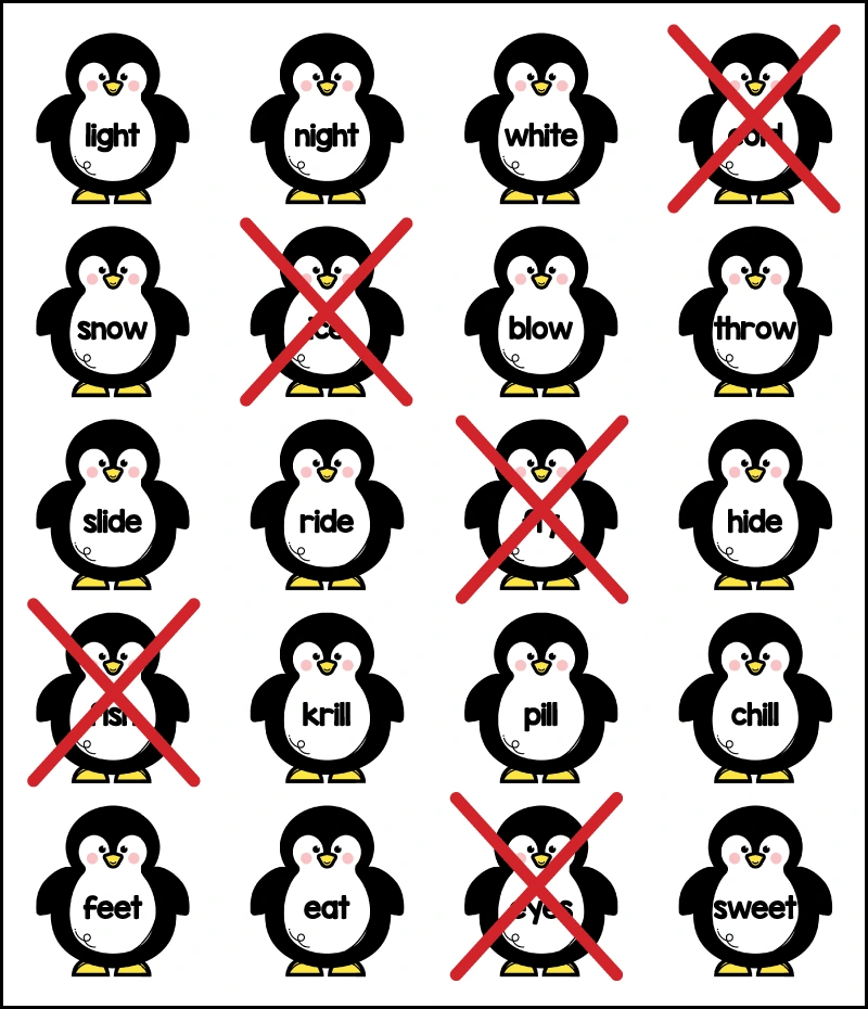 Answer key for penguin odd one out rhyming worksheet with incorrect words crossed out