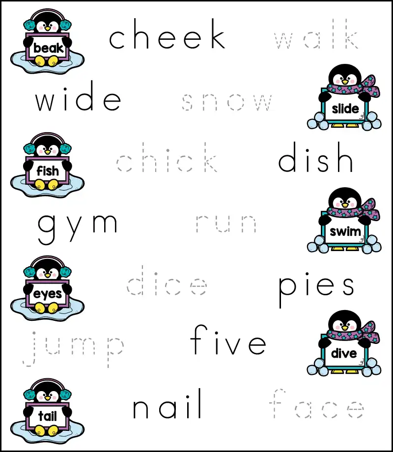 Answer key for penguin trace the rhymes worksheet showing correct rhyming words