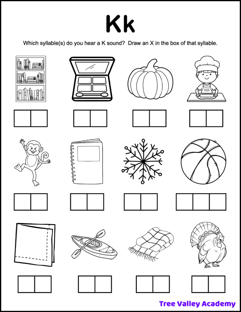 a printable letter K sound alphabet worksheet for 1st grade