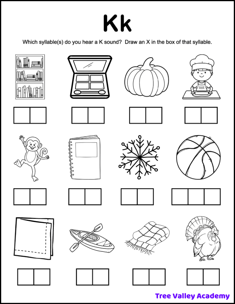 a printable letter K sound alphabet worksheet for 1st grade